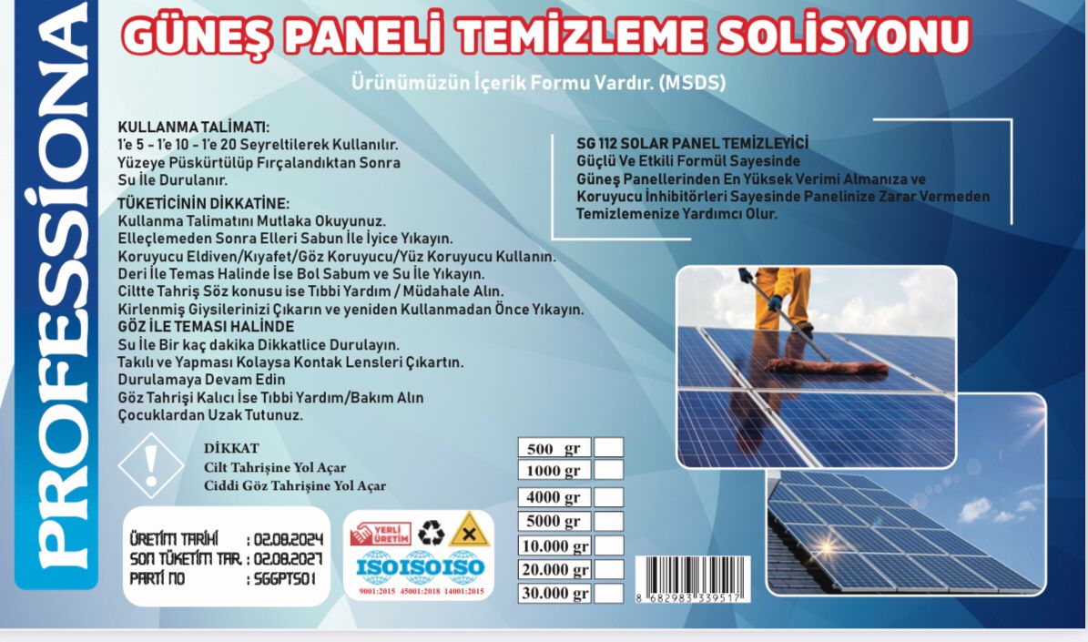 Güneş Paneli Temizleme Solüsyonu 30 Kg (Konsantre)